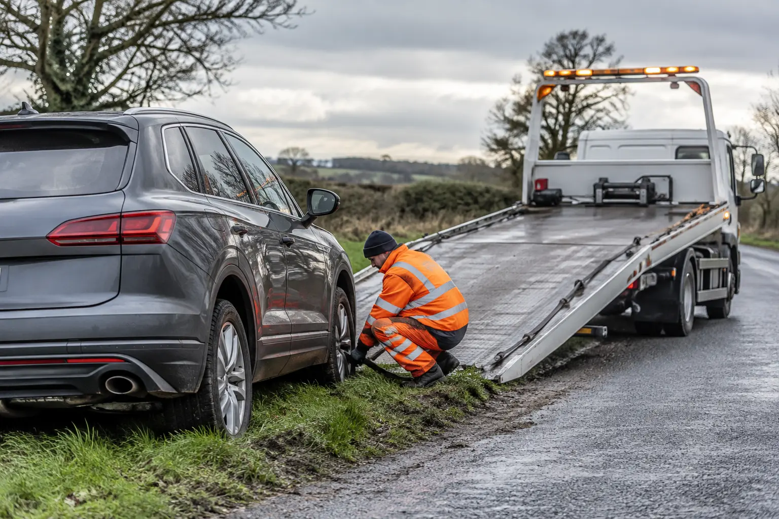 Recovery operator assisting a stationary SUV