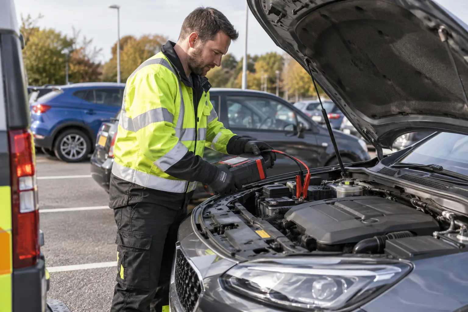 Vehicle receiving a battery jump start in a car park