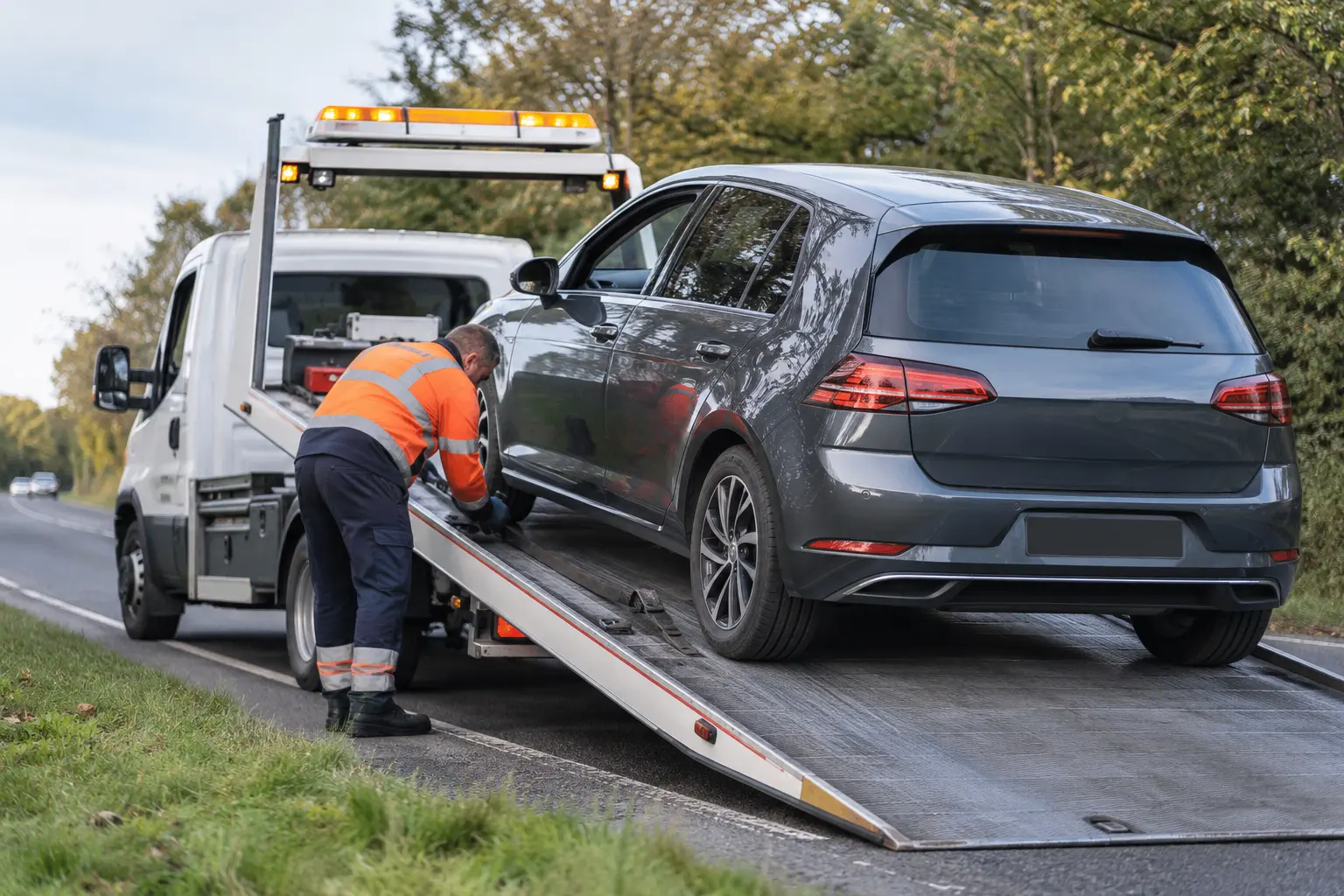 Car being loaded onto a recovery truck