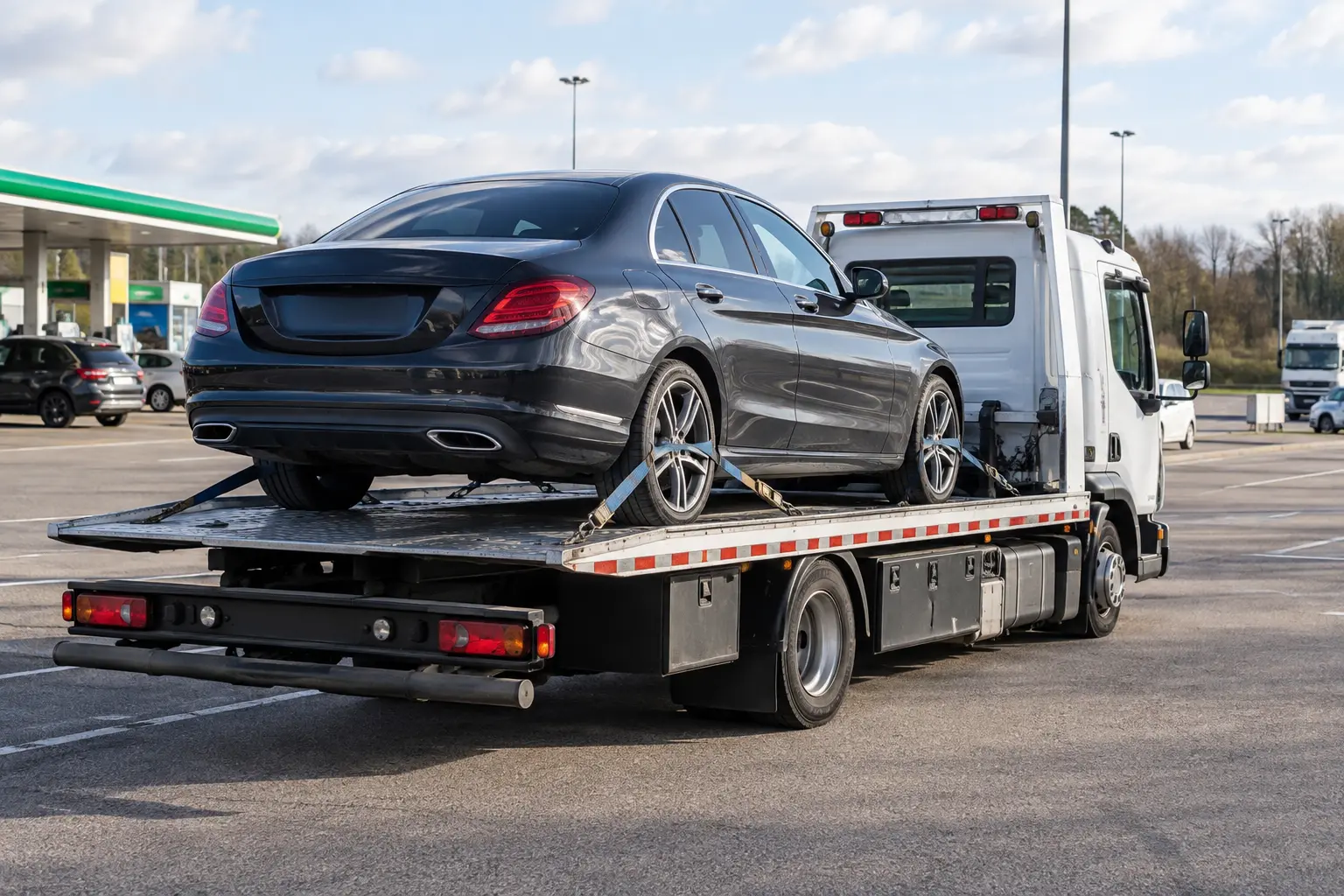 Car securely loaded for long-distance recovery