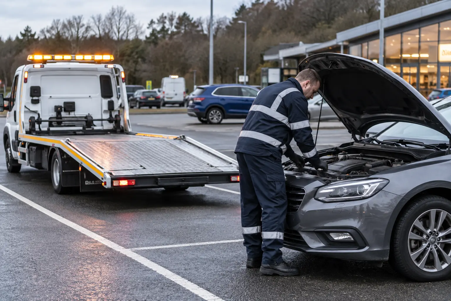 Recovery vehicle attending a stranded car at a safe motorway location