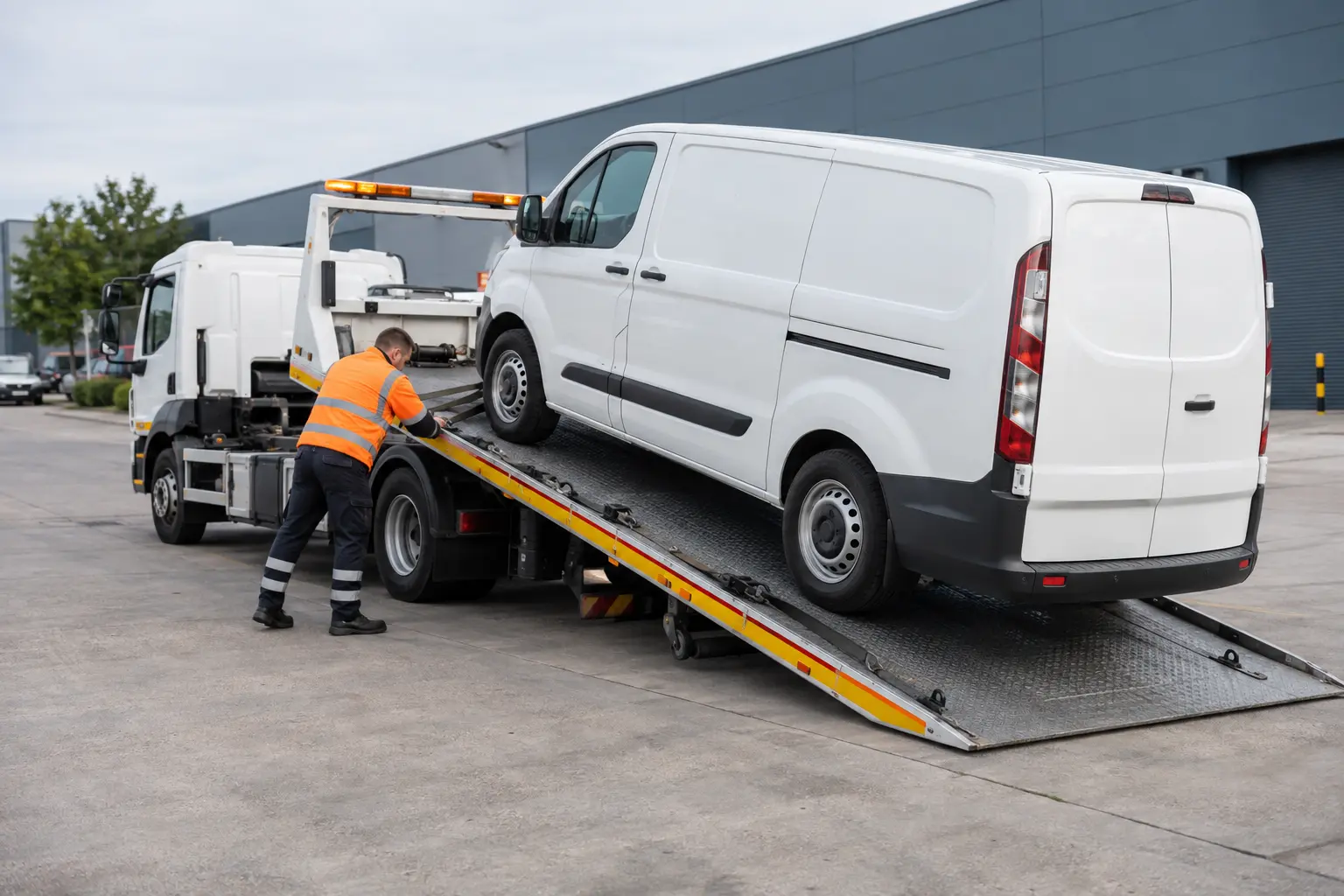 Recovery truck collecting a work van