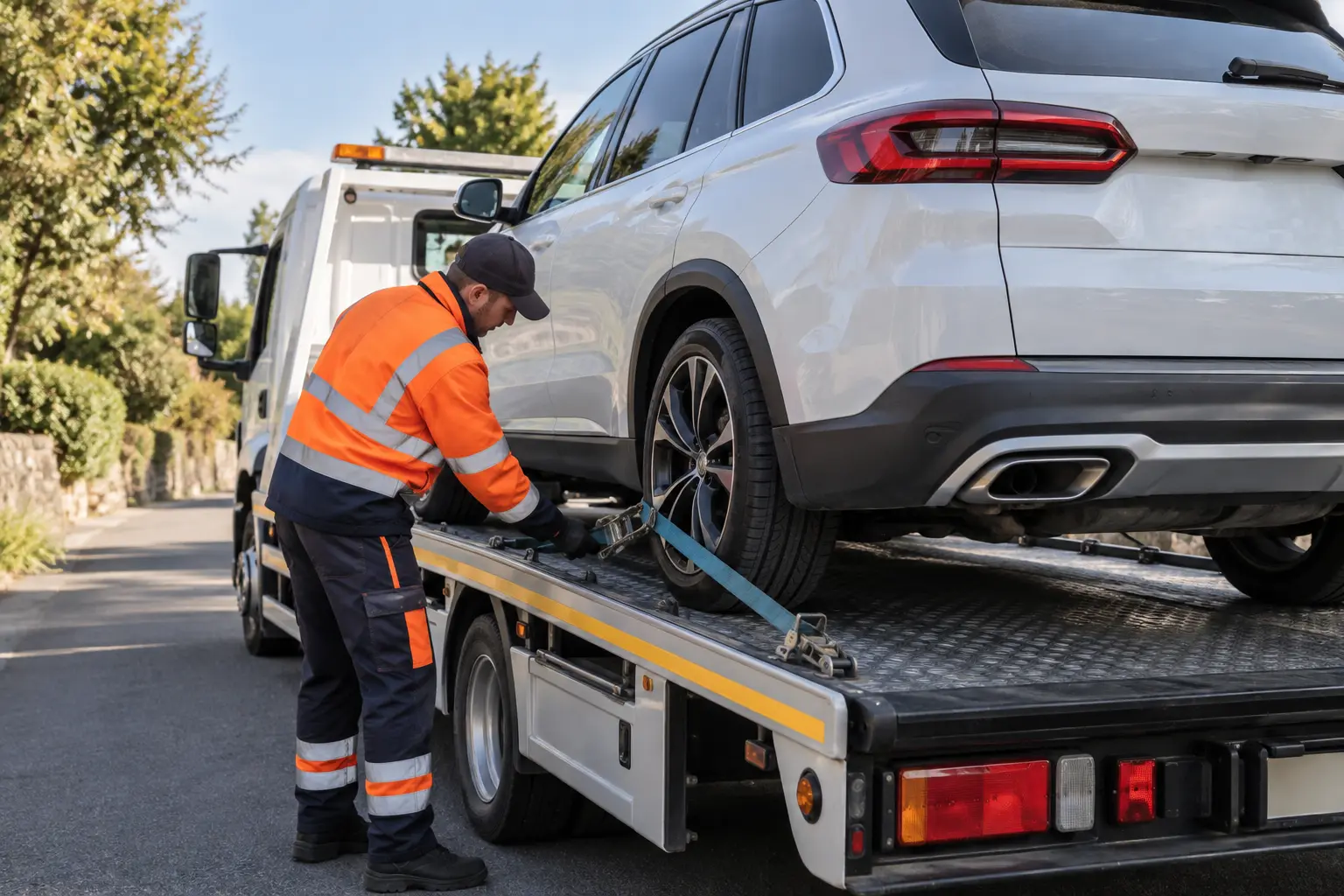 Vehicle loaded on a transporter for planned transport